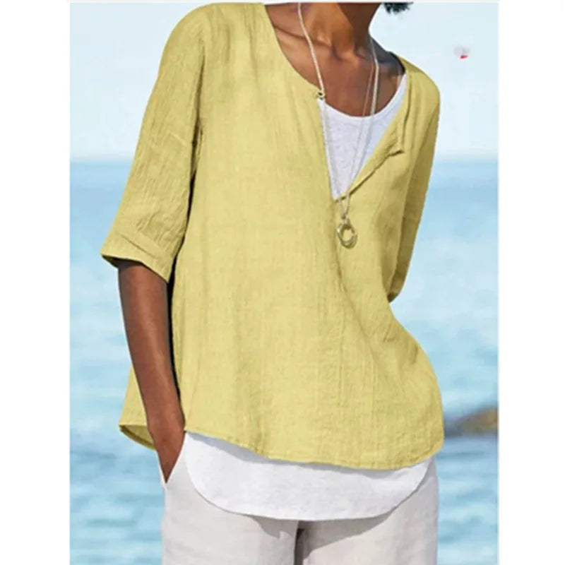 Elegante weiße Damenbluse mit O-Ausschnitt aus Leinen - Tamera