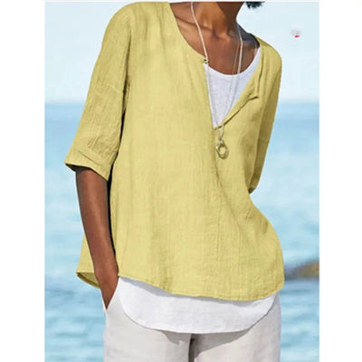 Elegante weiße Damenbluse mit O-Ausschnitt aus Leinen - Tamera