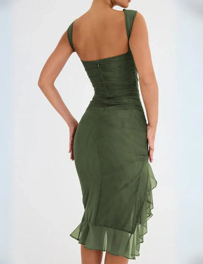 Vestido midi irregular con volantes