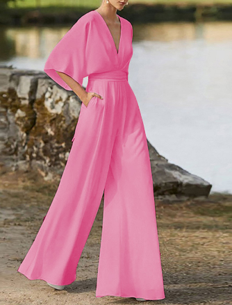 Eleganter Jumpsuit mit V-Ausschnitt und weitem Bein und Fledermausärmeln für Damen | Ideal für den Winter
