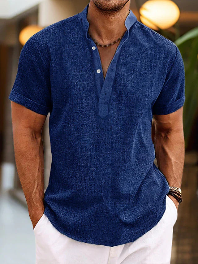 Silas Leinenhemd für Herren - Atmungsaktives Sommerhemd mit Henley-Kragen und kurzen Ärmeln