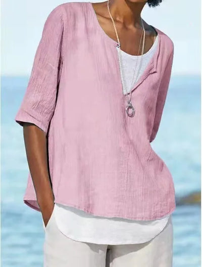 Elegante weiße Damenbluse mit O-Ausschnitt aus Leinen - Tamera