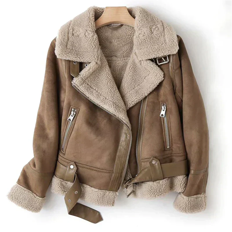Giacca aviator da donna con tasche frontali in shearling | Calda giacca biker invernale