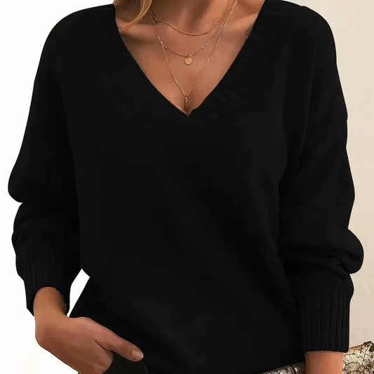 Jersey clásico de mujer con escote en V y corte amplio | Elegante top de punto con mangas largas
