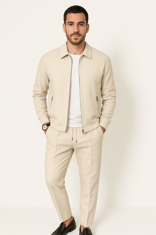 Traje de hombre con chaqueta y pantalón con cremallera informal | Conjunto minimalista de dos piezas