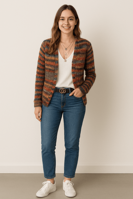 Damen Bunte Boho Gestreifte Strickjacke | Warmer Mehrfarbiger Strickpullover