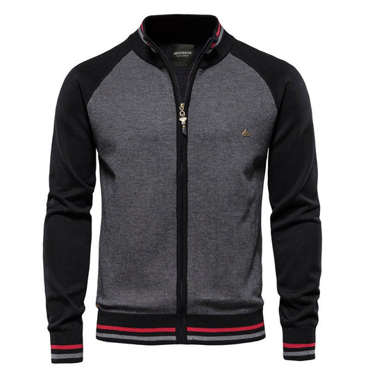 Chaqueta de suéter bicolor cálida para hombres con cremallera | chaqueta de invierno tejida con cuello alto