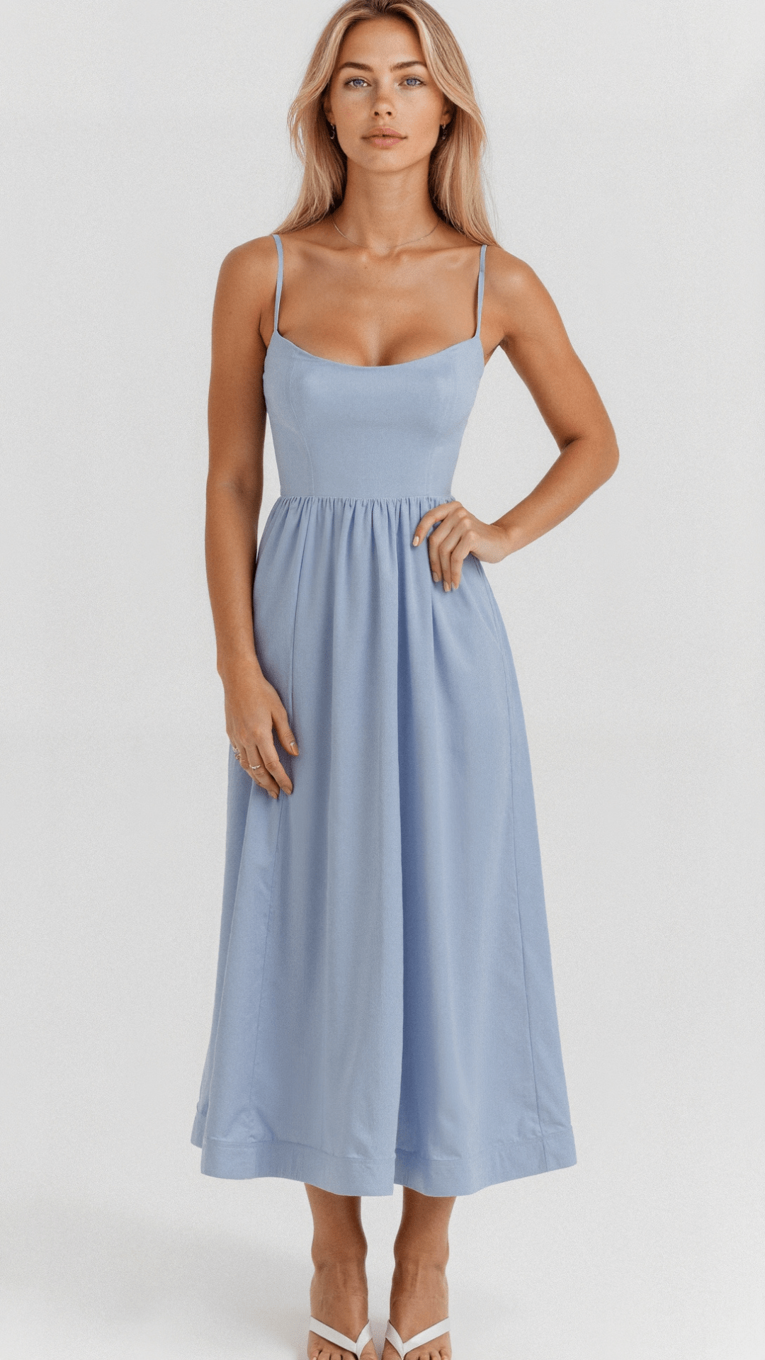 Women's Midi Dress - A-Line Silhouette - Spaghetti Straps - Elegant Flowing Design