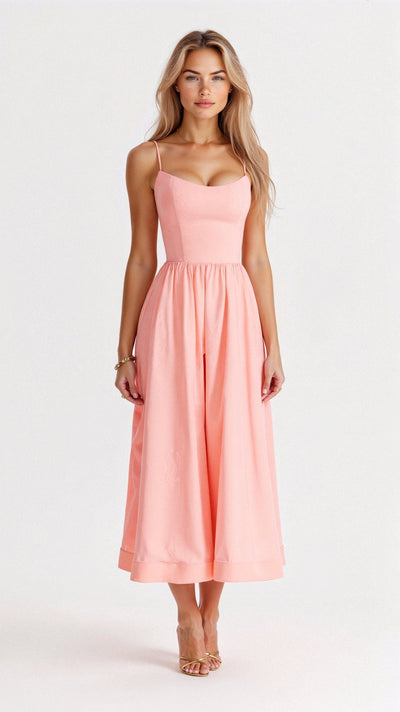 Damen Midikleid - A-Linie Silhouette - Spaghetti-Träger - Elegantes fließendes Design