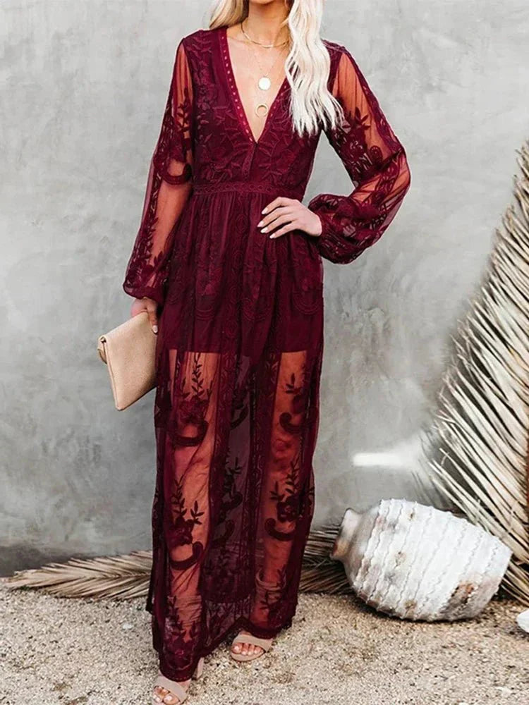 Mabyn - Vestido maxi bohemio de encaje para mujer atemporal