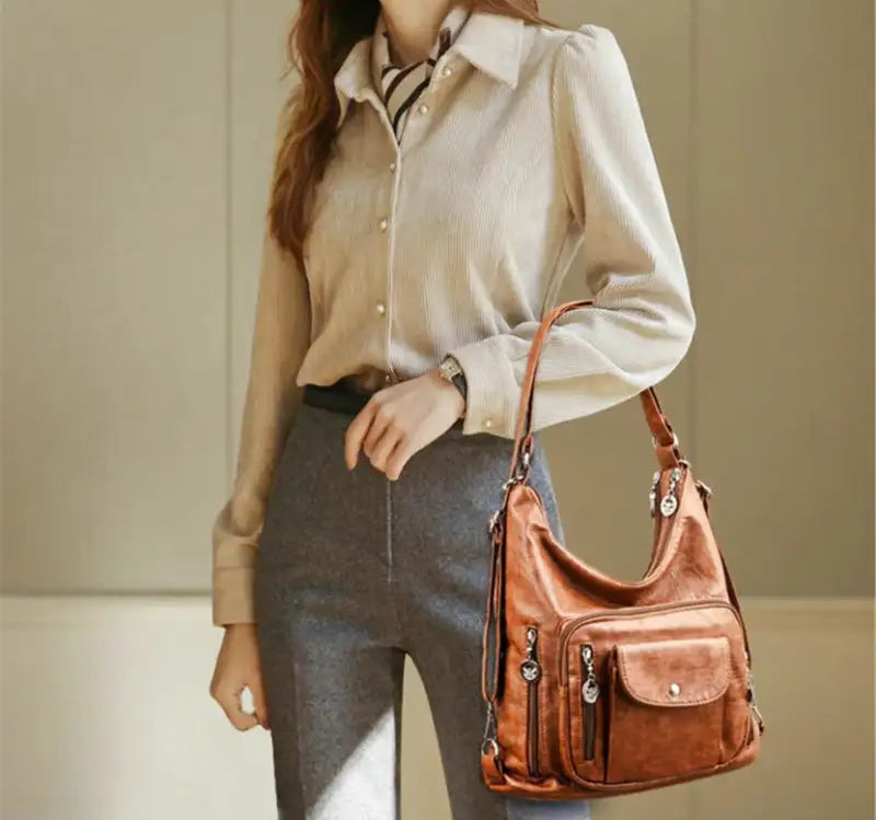 ODALIS - Bolso de mano con bandolera de piel y múltiples compartimentos 