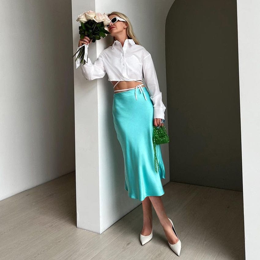 Gonna midi satinata tinta unita