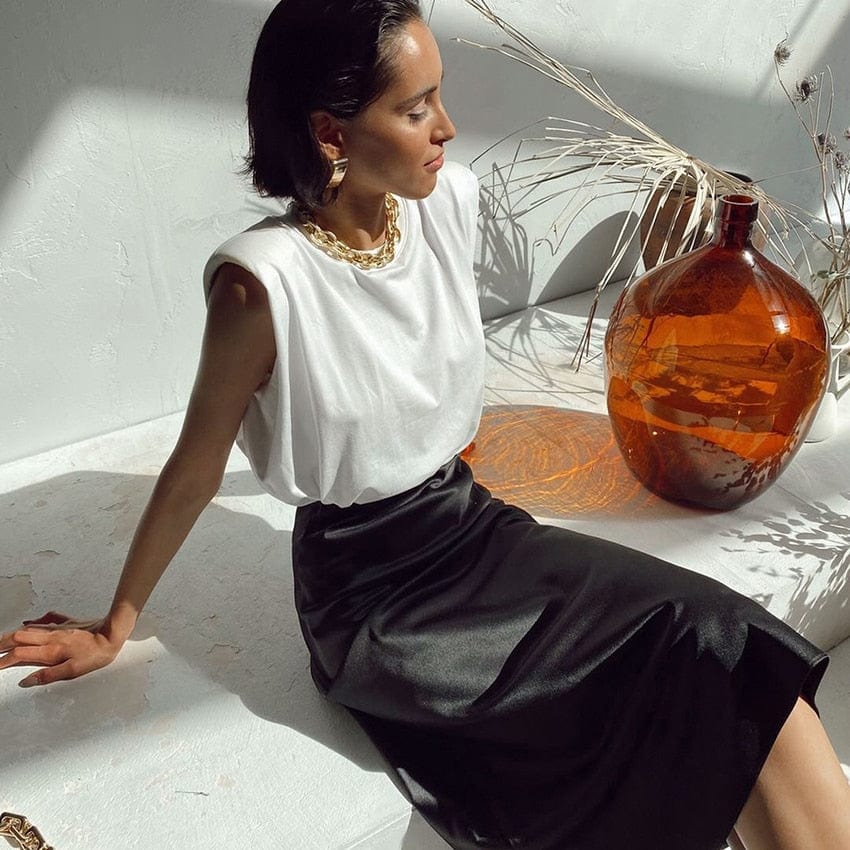 Gonna midi satinata tinta unita