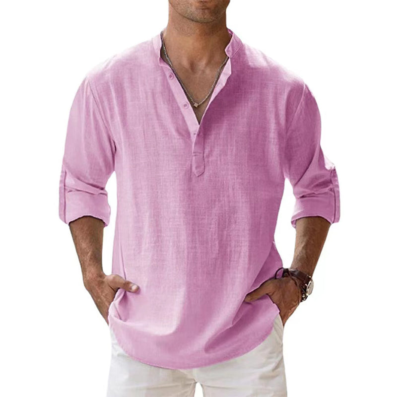 Camicia da uomo in lino con colletto Henley
