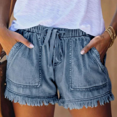 Hochtaillierte Denim-Shorts mit Fransensaum und Kordelzug