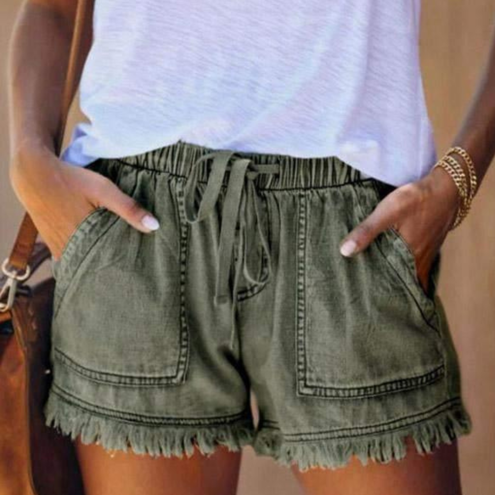 Hochtaillierte Denim-Shorts mit Fransensaum und Kordelzug