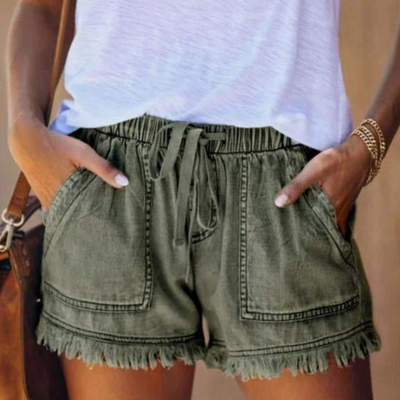 Hochtaillierte Denim-Shorts mit Fransensaum und Kordelzug