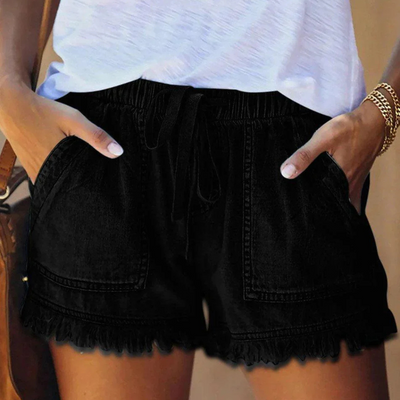 Hochtaillierte Denim-Shorts mit Fransensaum und Kordelzug