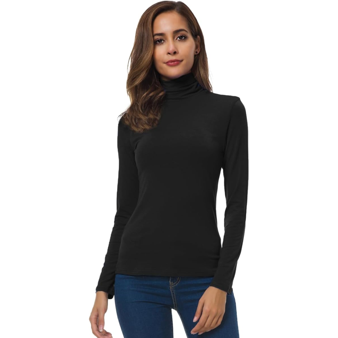Camiseta de punto de cuello alto de manga larga cálida para mujer - Top de invierno ajustado