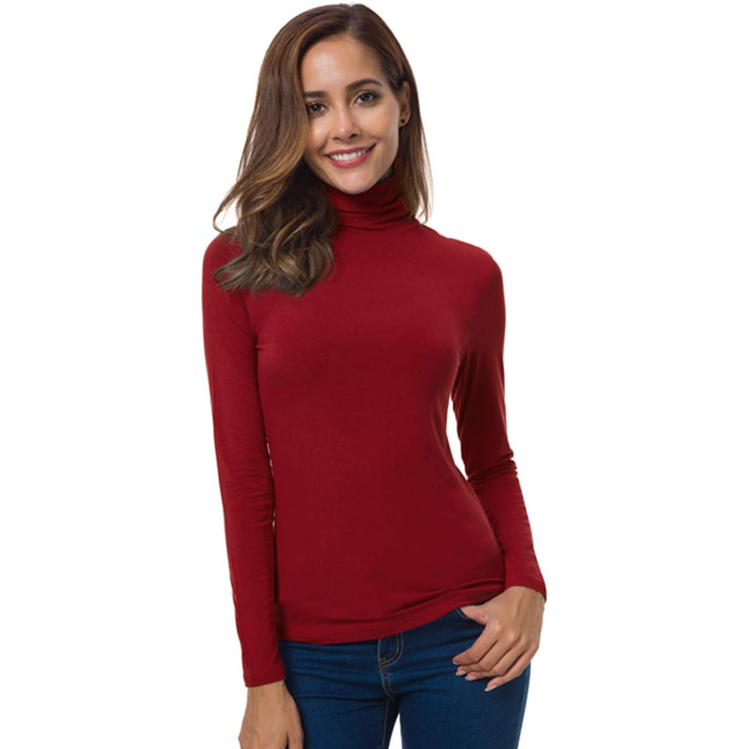 Camiseta de punto de cuello alto de manga larga cálida para mujer - Top de invierno ajustado