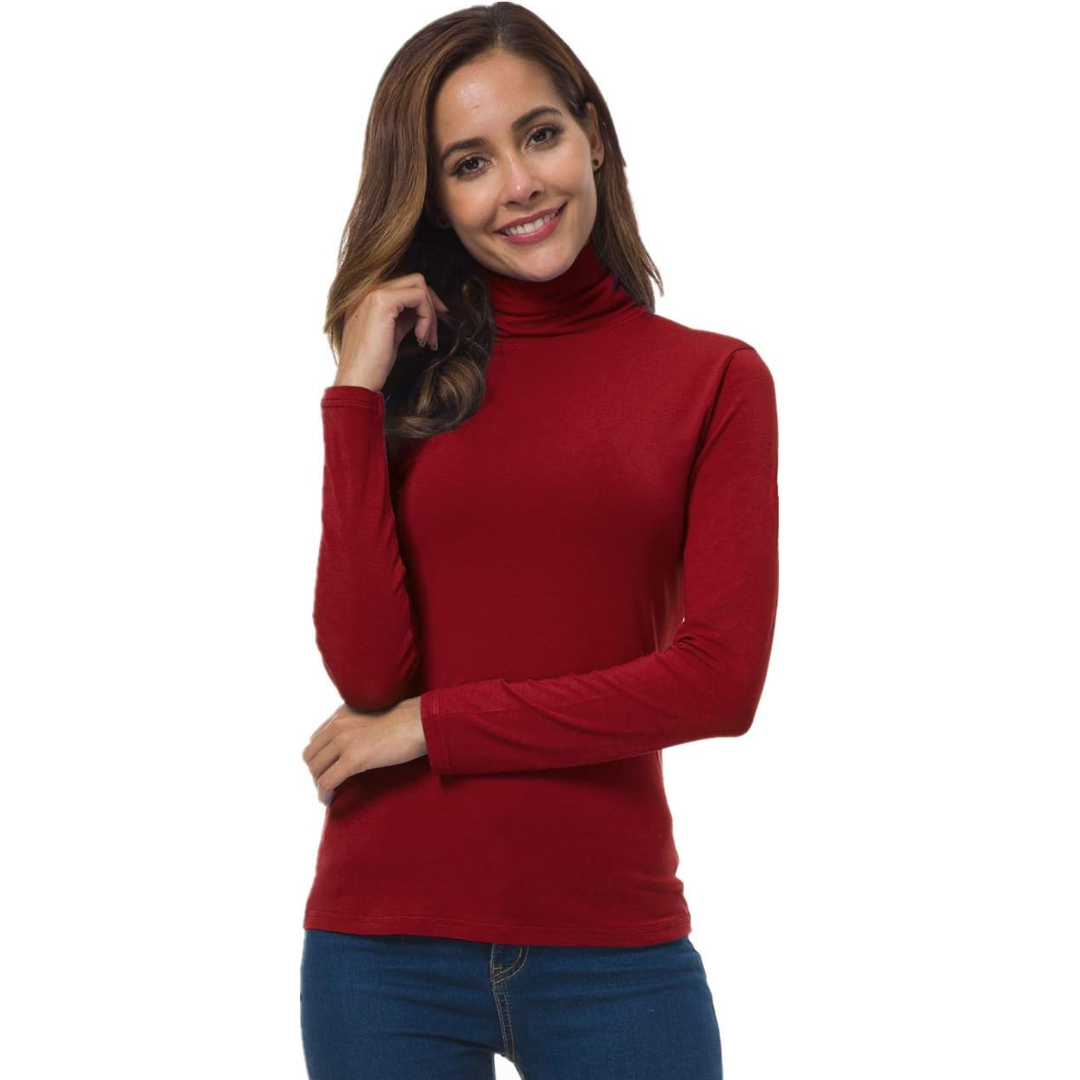Camiseta de punto de cuello alto de manga larga cálida para mujer - Top de invierno ajustado