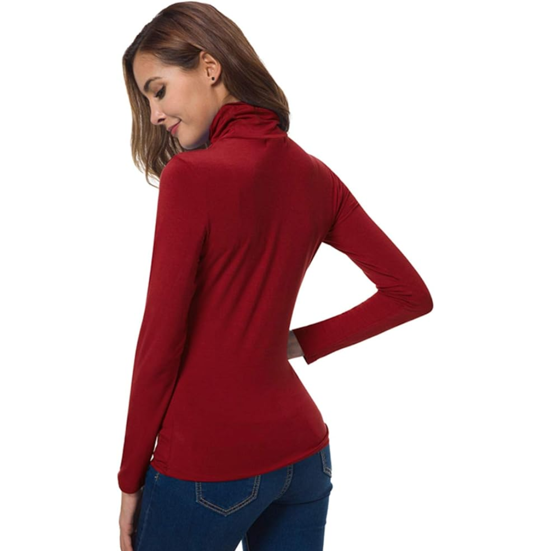 Camiseta de punto de cuello alto de manga larga cálida para mujer - Top de invierno ajustado