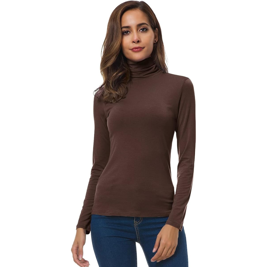 Camiseta de punto de cuello alto de manga larga cálida para mujer - Top de invierno ajustado
