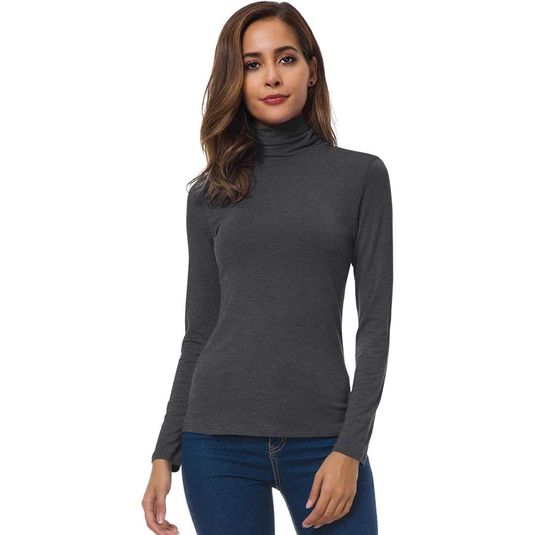 Camiseta de punto de cuello alto de manga larga cálida para mujer - Top de invierno ajustado