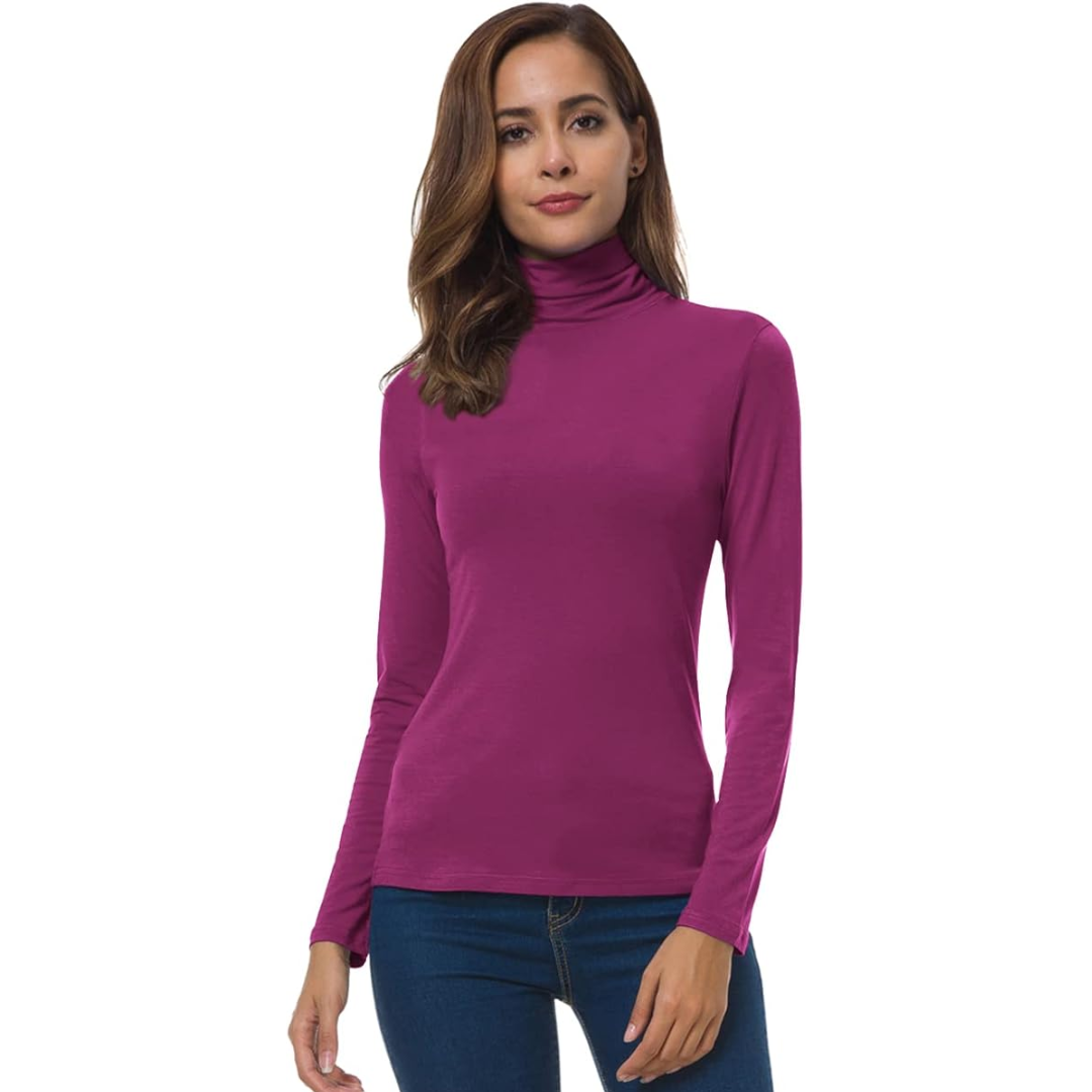 Camiseta de punto de cuello alto de manga larga cálida para mujer - Top de invierno ajustado