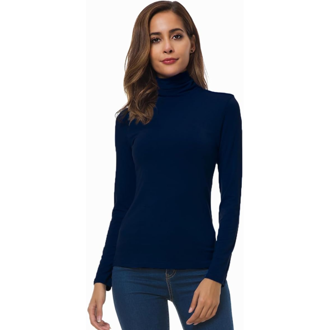 Camiseta de punto de cuello alto de manga larga cálida para mujer - Top de invierno ajustado