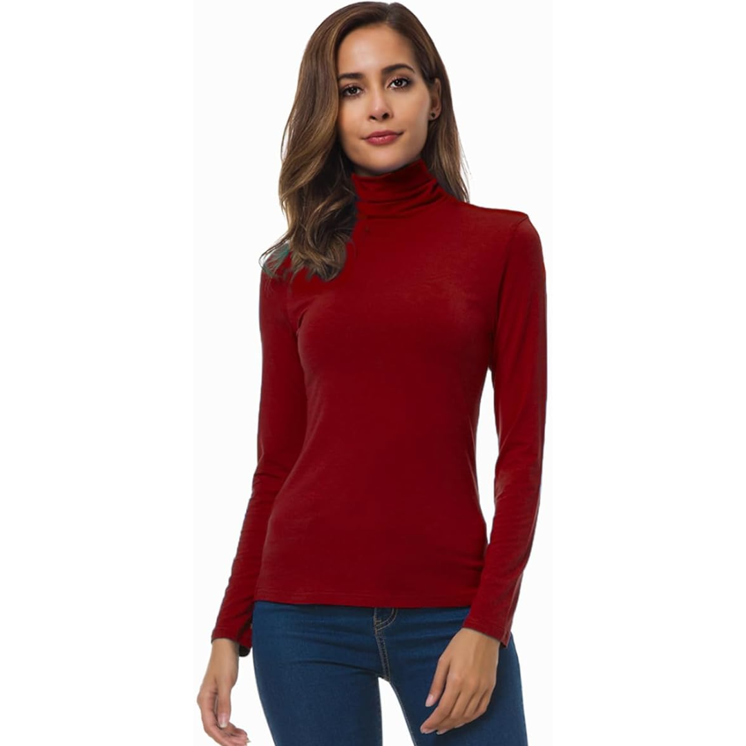 Camiseta de punto de cuello alto de manga larga cálida para mujer - Top de invierno ajustado