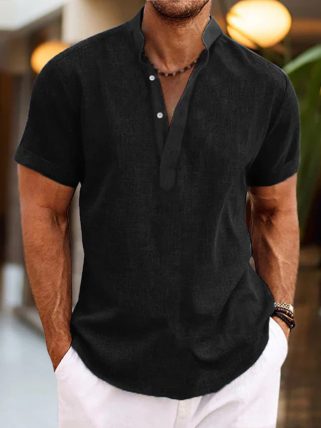 Camisa de lino Silas para hombre - Camisa de verano transpirable con cuello henley y mangas cortas