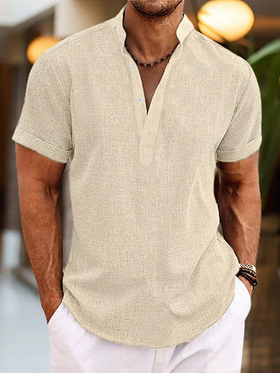 Silas Leinenhemd für Herren - Atmungsaktives Sommerhemd mit Henley-Kragen und kurzen Ärmeln
