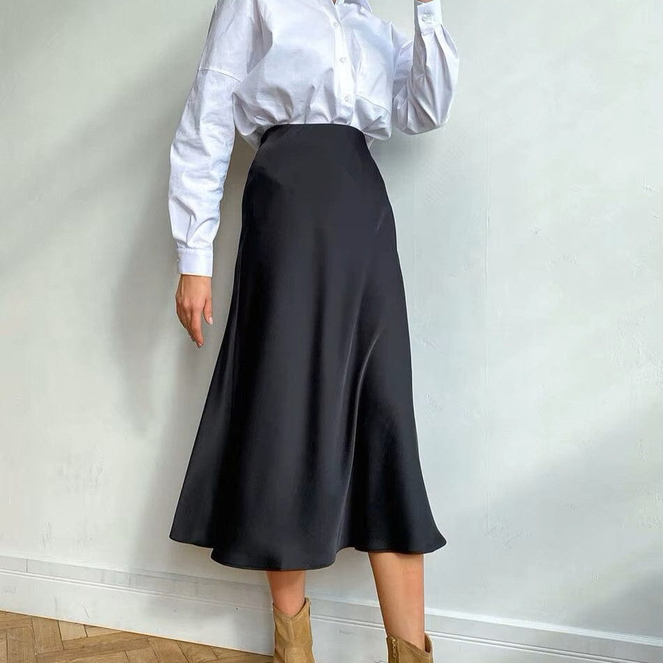 Gonna midi satinata tinta unita