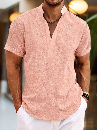Silas Leinenhemd für Herren - Atmungsaktives Sommerhemd mit Henley-Kragen und kurzen Ärmeln