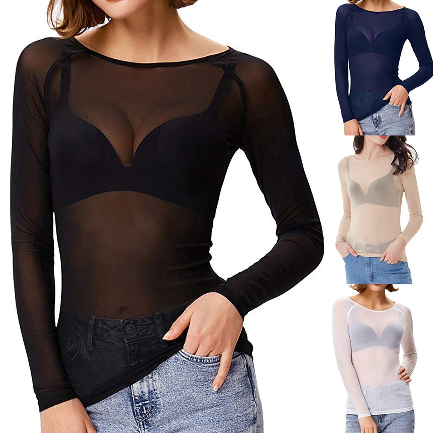 Verführerisches Mesh-Top transparent langärmlig Damen